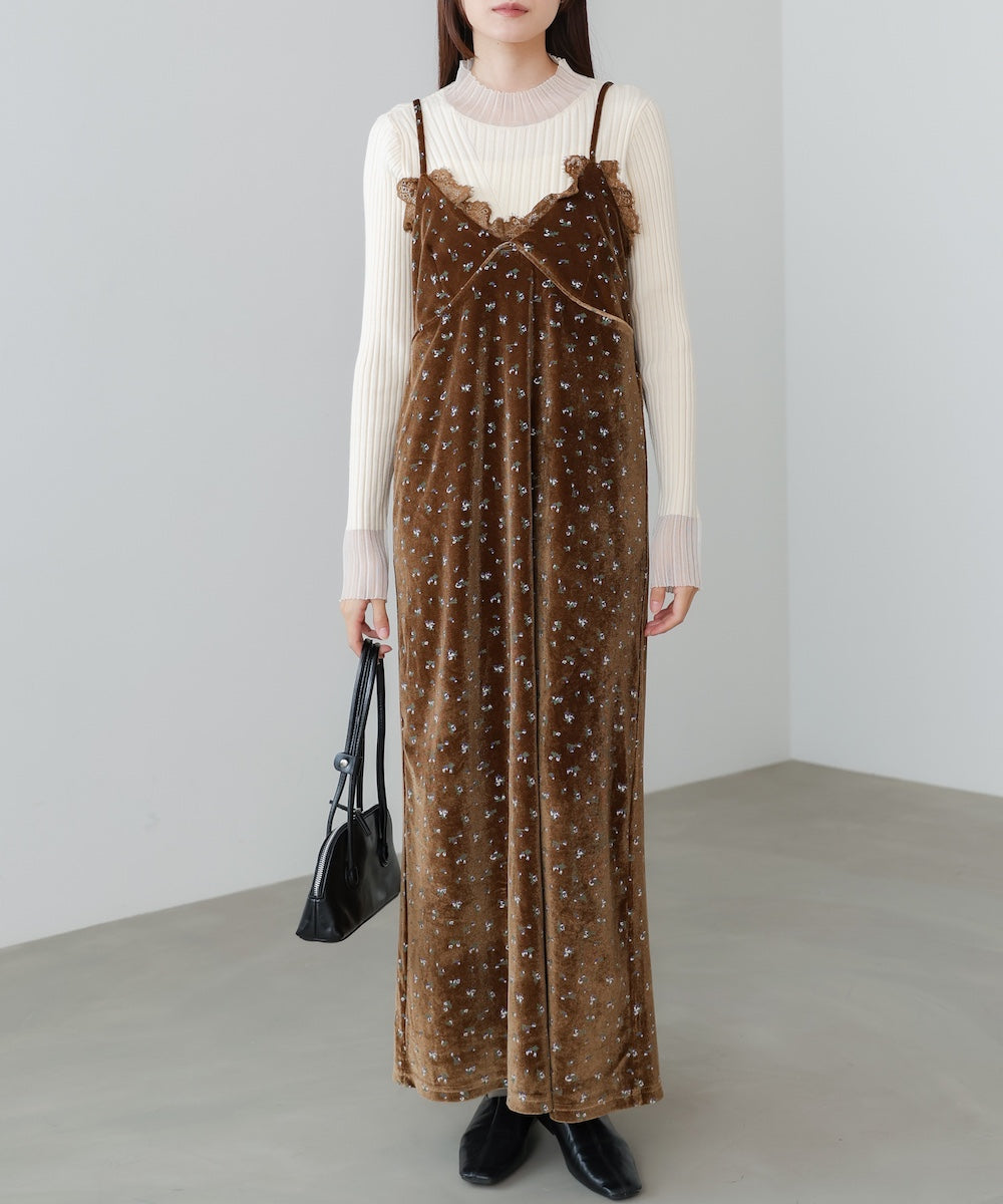 小花柄レース付きベロアキャミワンピース