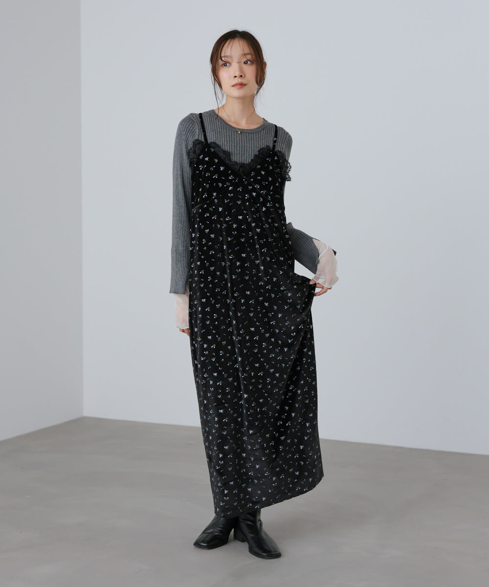 小花柄レース付きベロアキャミワンピース