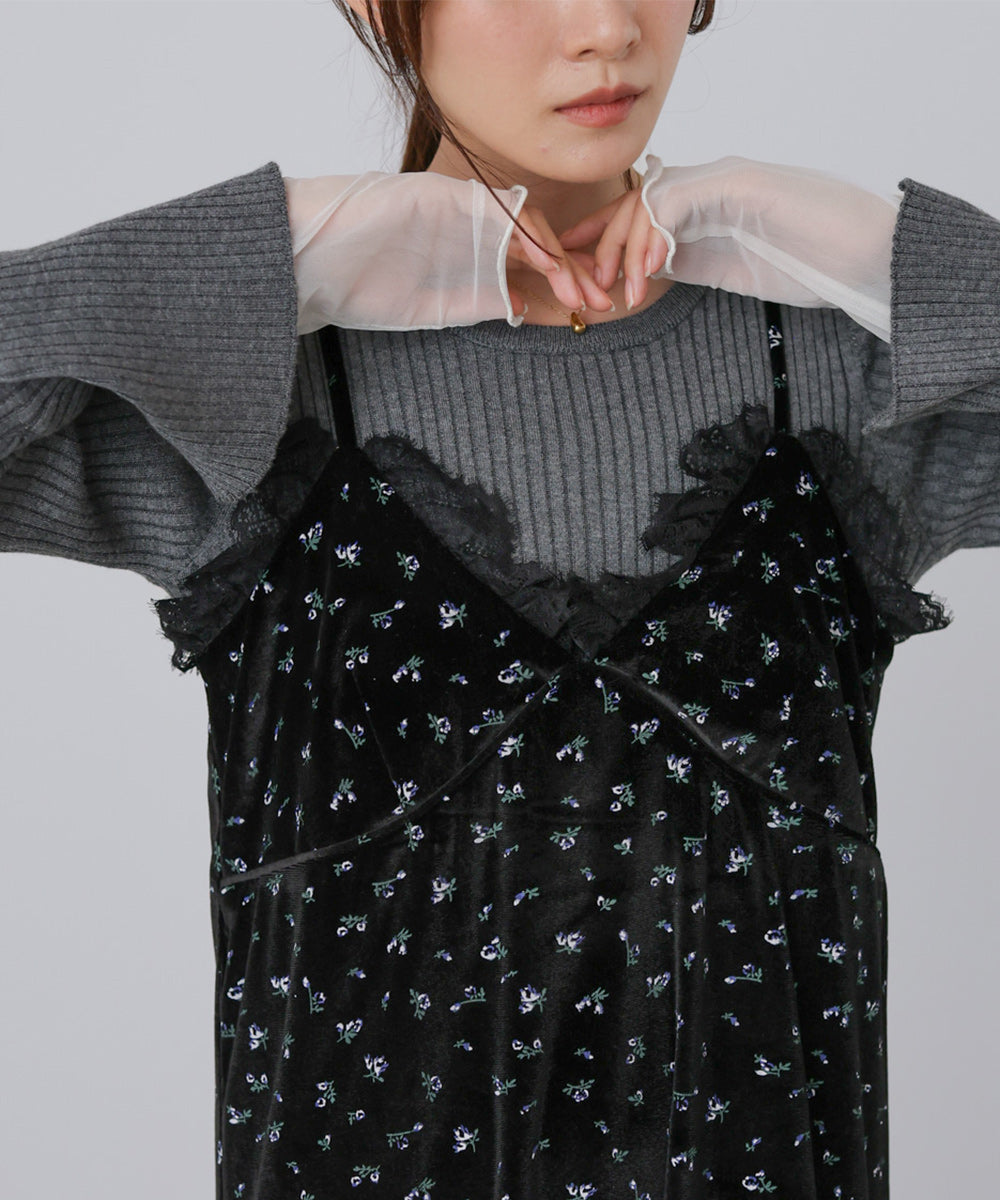 小花柄レース付きベロアキャミワンピース