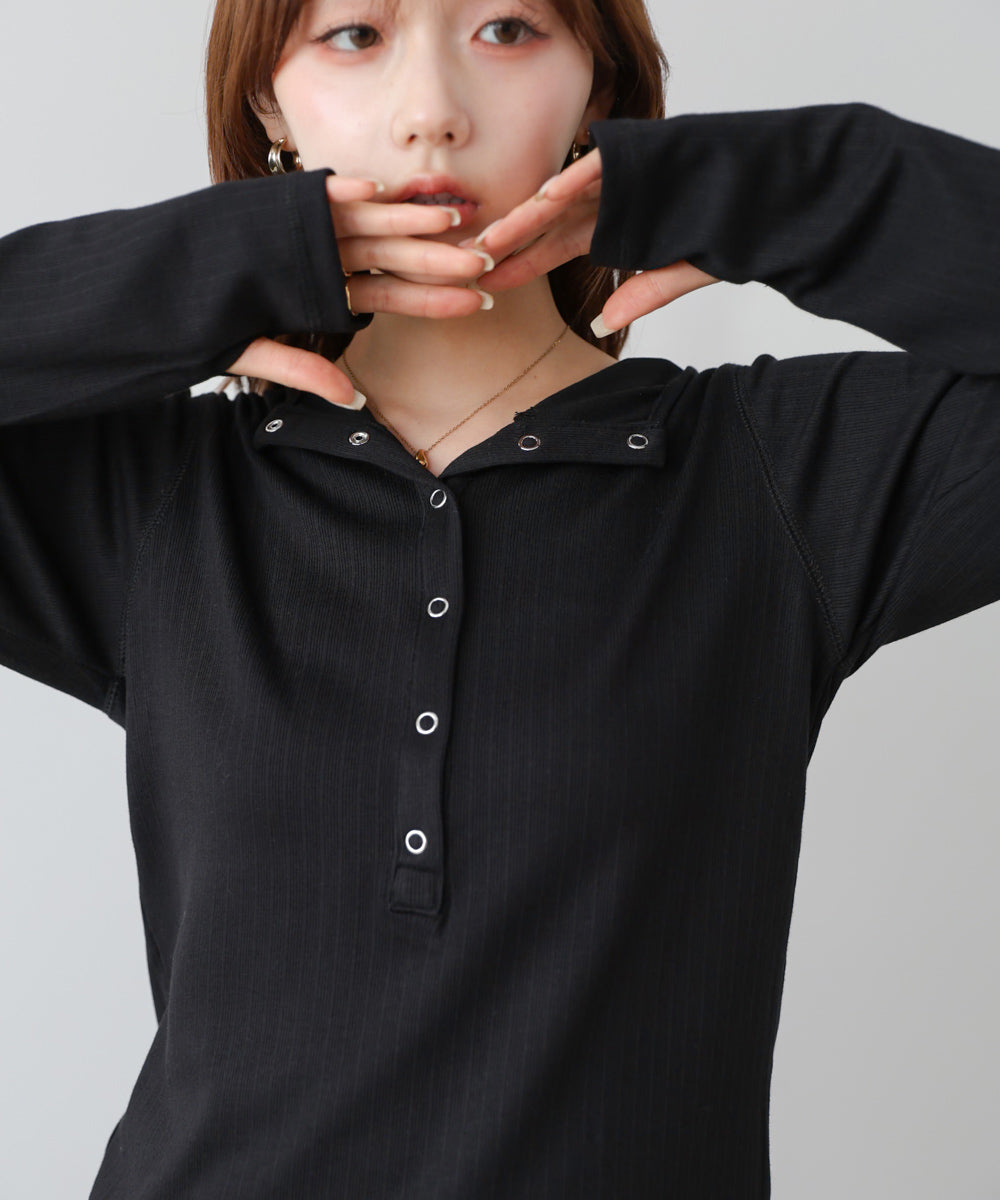 リブフーディーサムホール付カットトップス