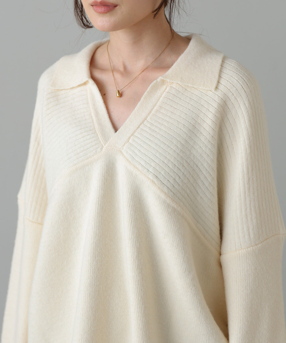 襟付きリブ切替サイドドロストニットトップス
