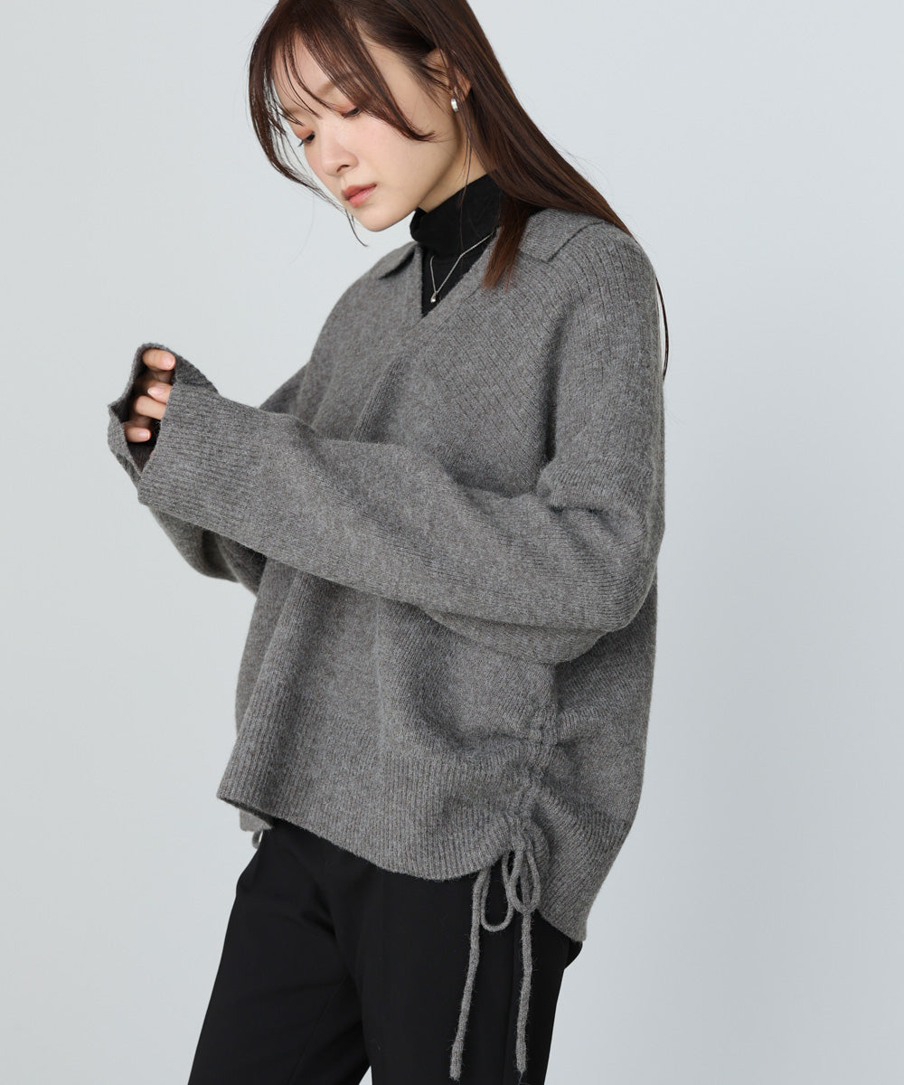 襟付きリブ切替サイドドロストニットトップス