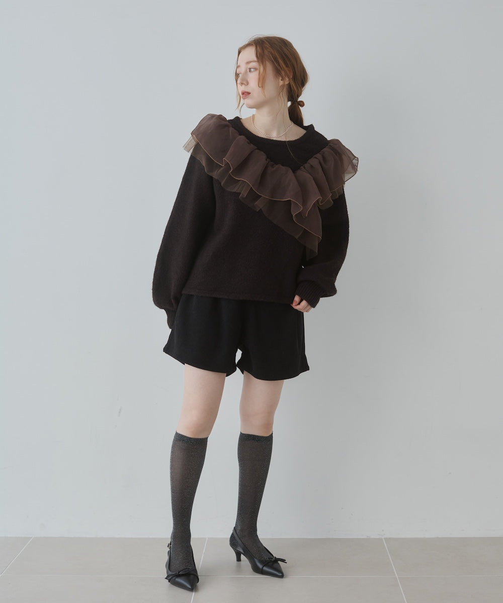 アシンメトリーフリルニットトップス