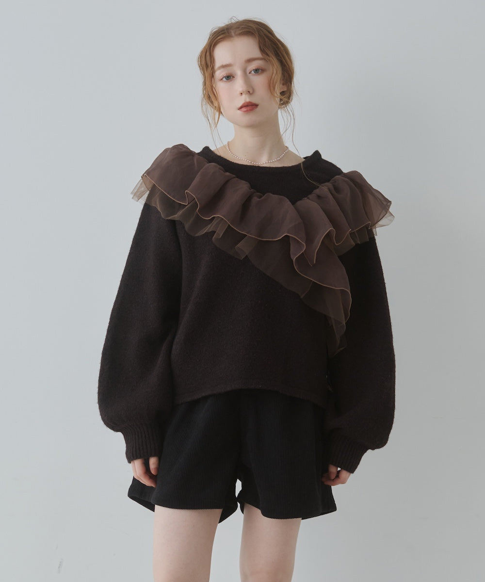 アシンメトリーフリルニットトップス