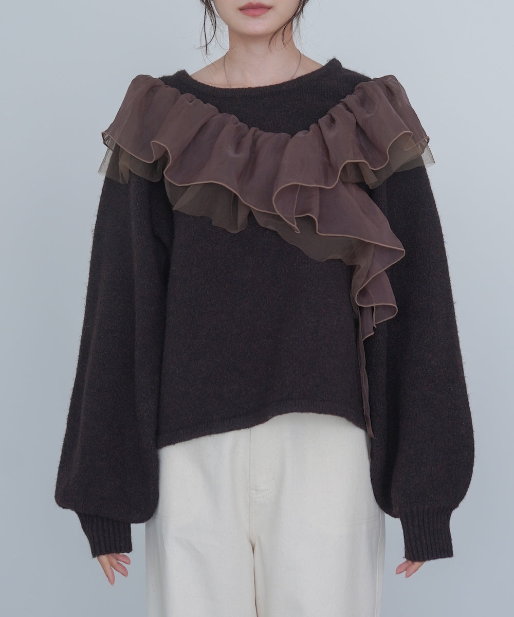 アシンメトリーフリルニットトップス