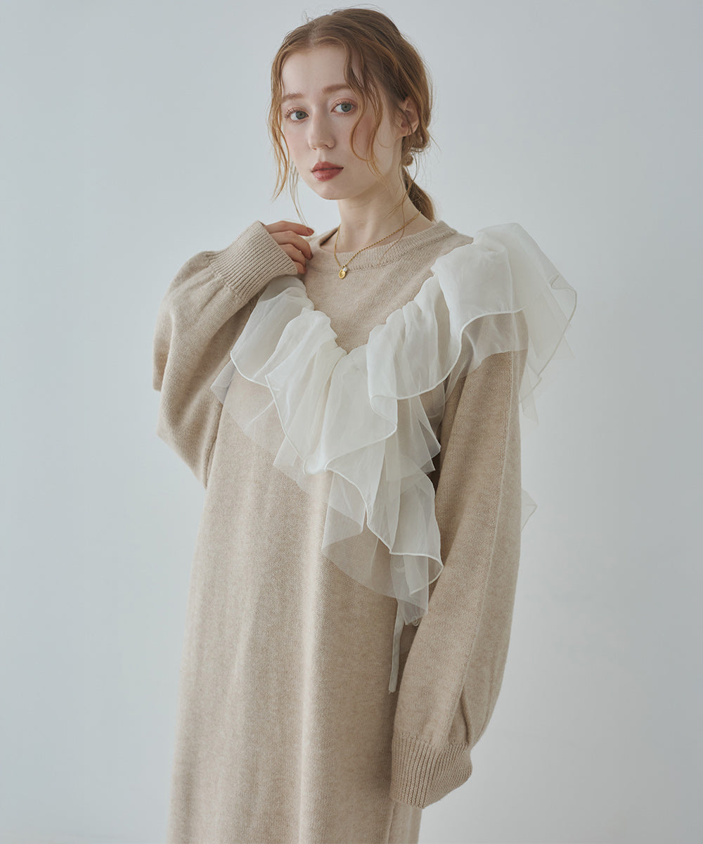 【S・M・Lサイズ】アシンメトリーフリルニットワンピース
