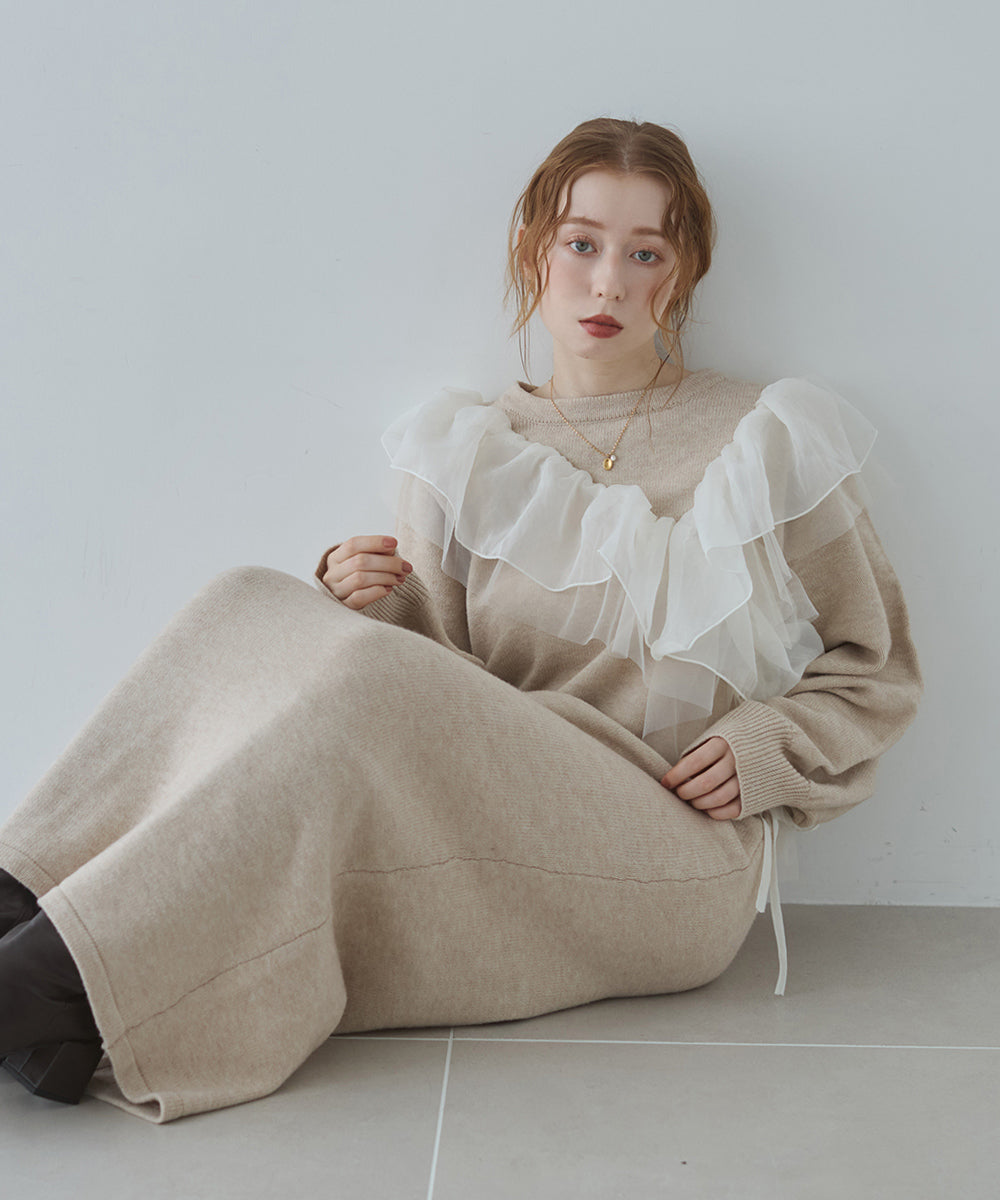 【S・M・Lサイズ】アシンメトリーフリルニットワンピース