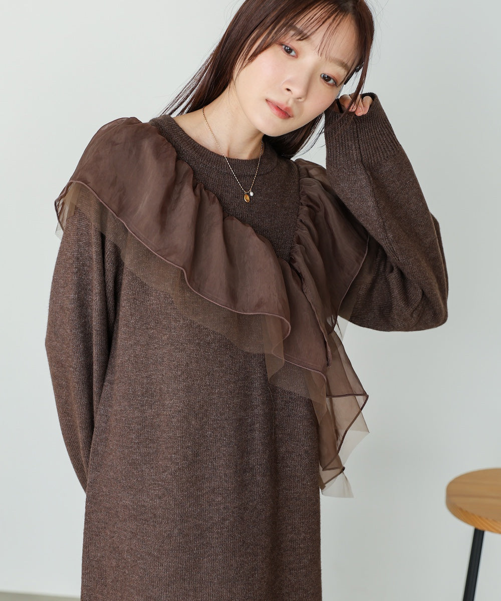 【S・M・Lサイズ】アシンメトリーフリルニットワンピース