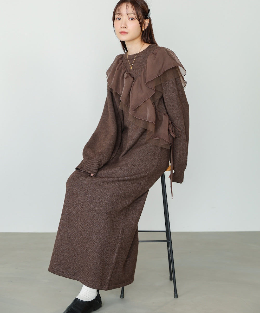 【S・M・Lサイズ】アシンメトリーフリルニットワンピース