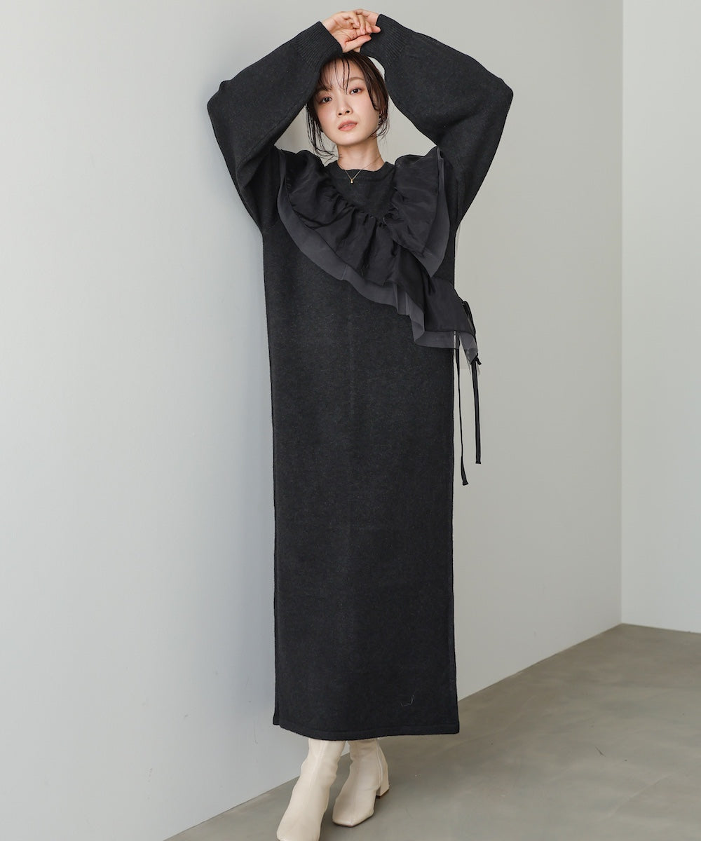 【S・M・Lサイズ】アシンメトリーフリルニットワンピース