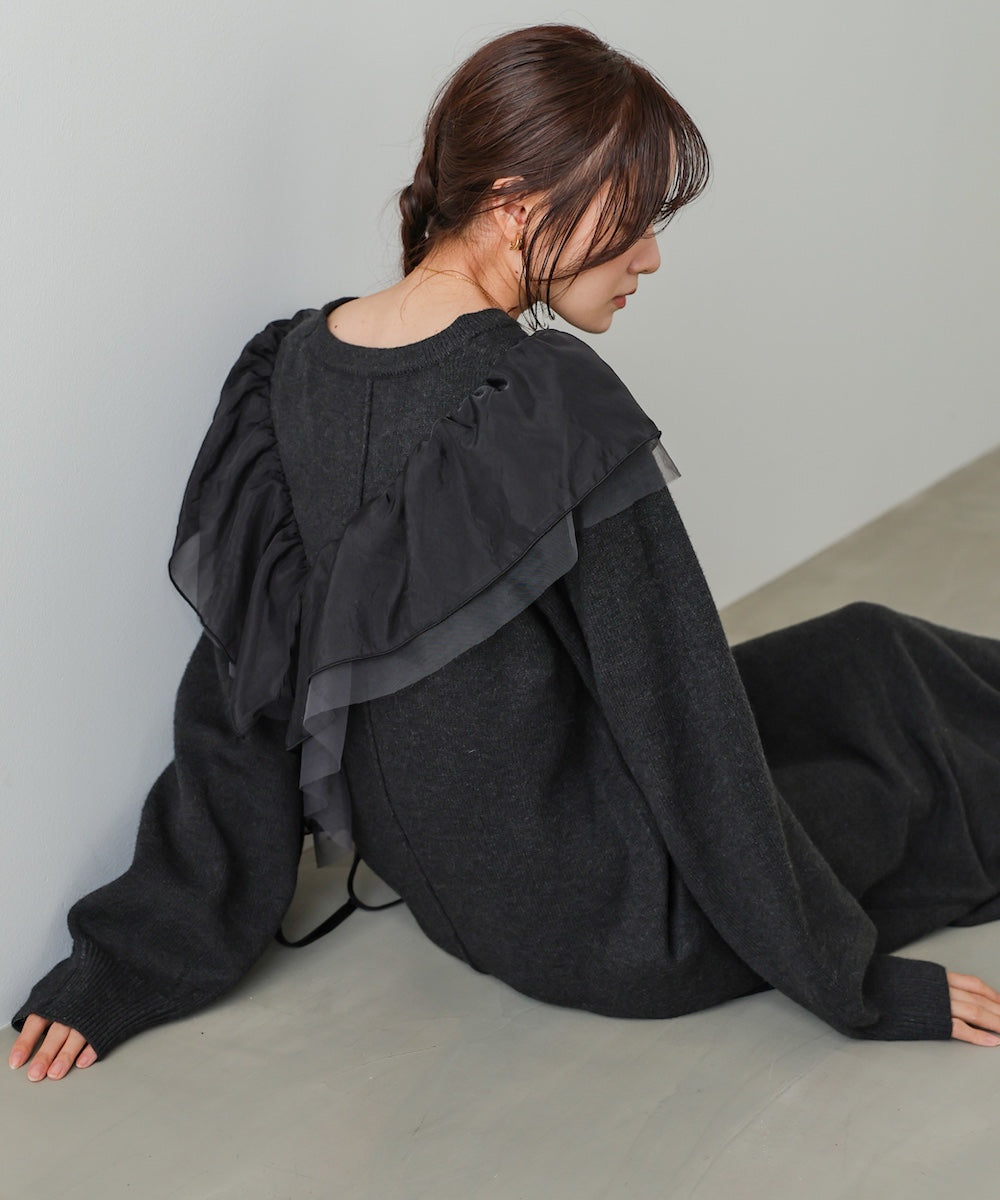 【S・M・Lサイズ】アシンメトリーフリルニットワンピース