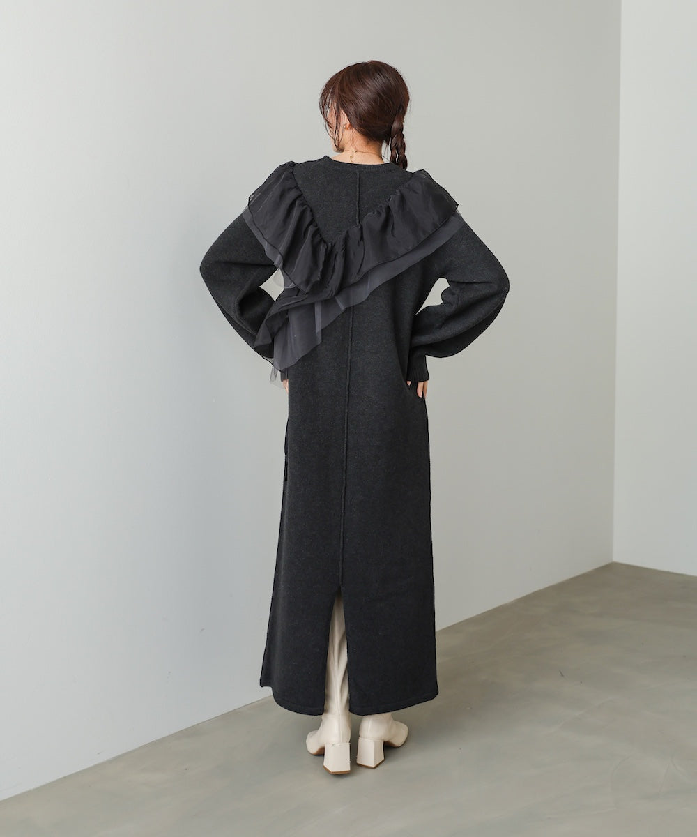 【S・M・Lサイズ】アシンメトリーフリルニットワンピース