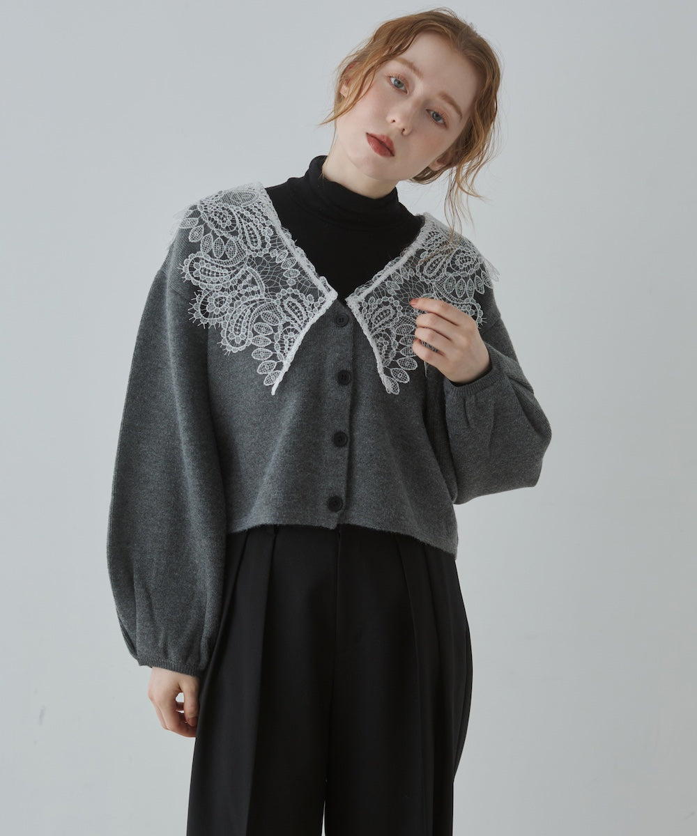 レース衿付きショートニットカーディガン