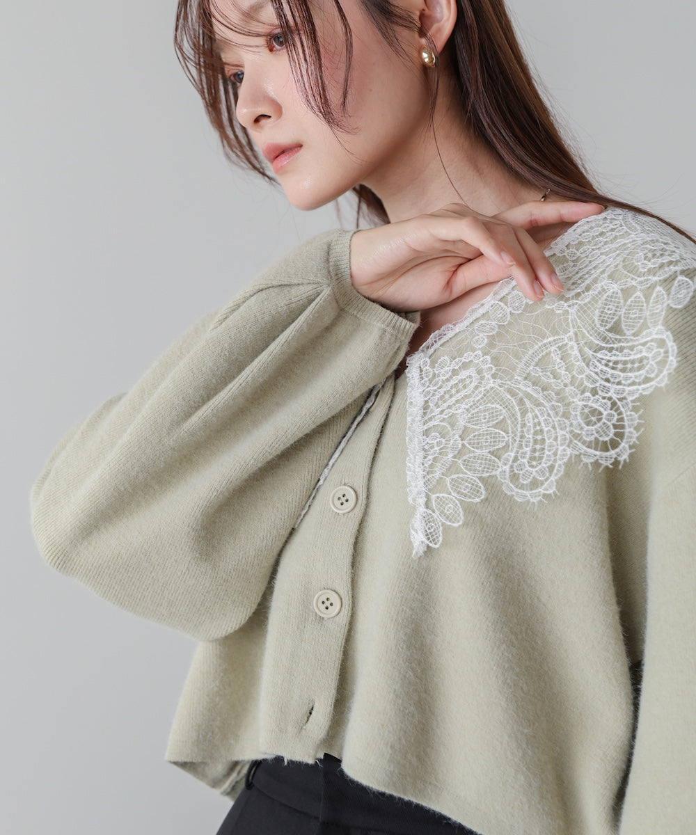 レース衿付きショートニットカーディガン