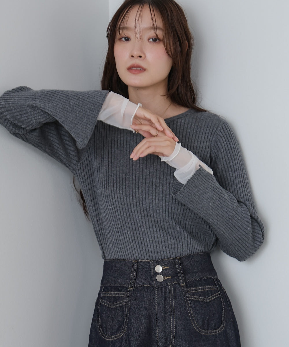 【選べるネック】チュールレイヤードリブニット