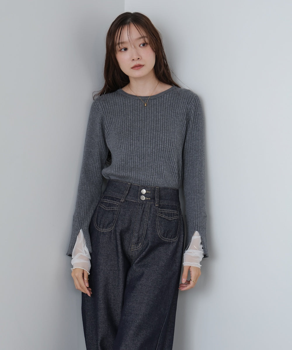 【選べるネック】チュールレイヤードリブニット