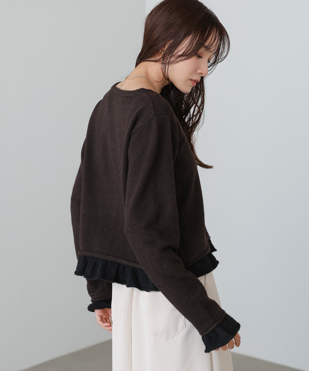 配色フリルニットカーディガン