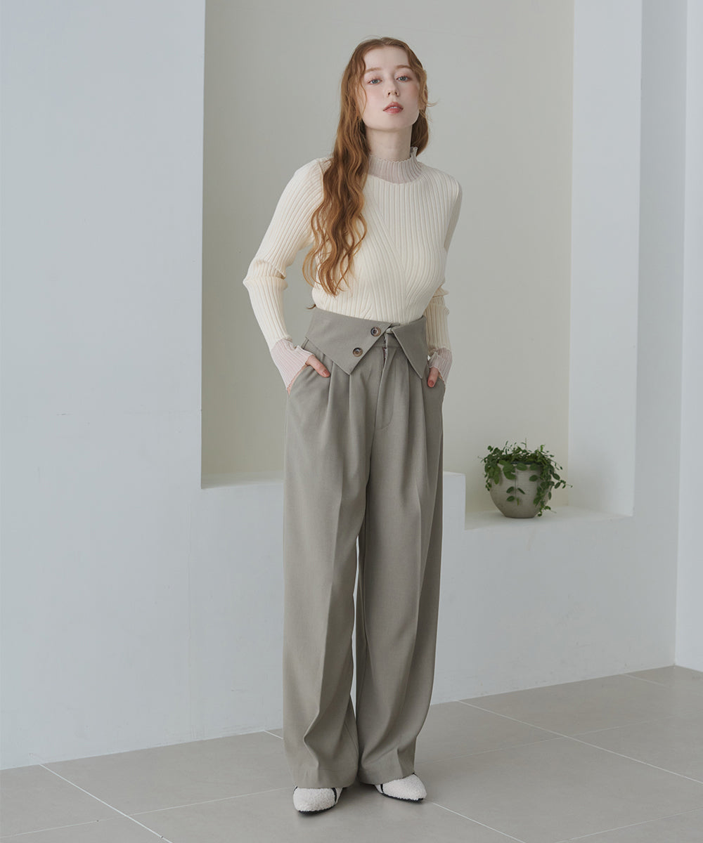 ウエストフラップ釦ワイドタックパンツ