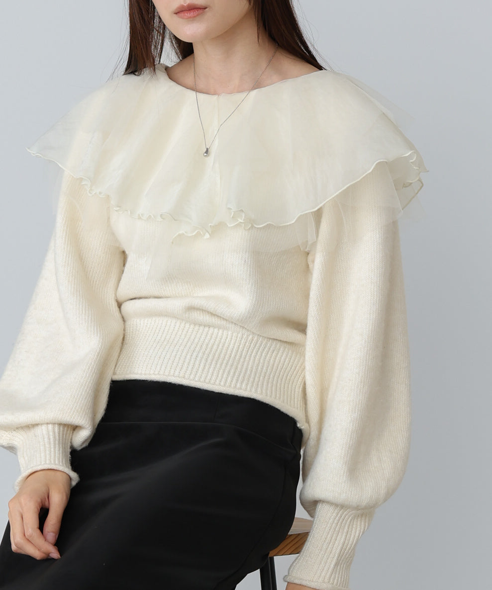 チュールラッフルカラーニットトップス