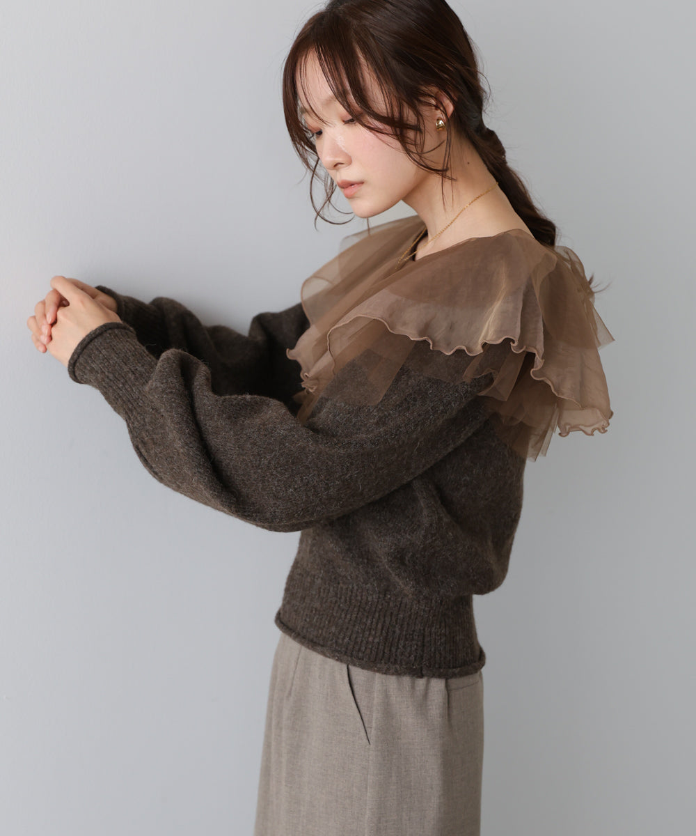 チュールラッフルカラーニットトップス