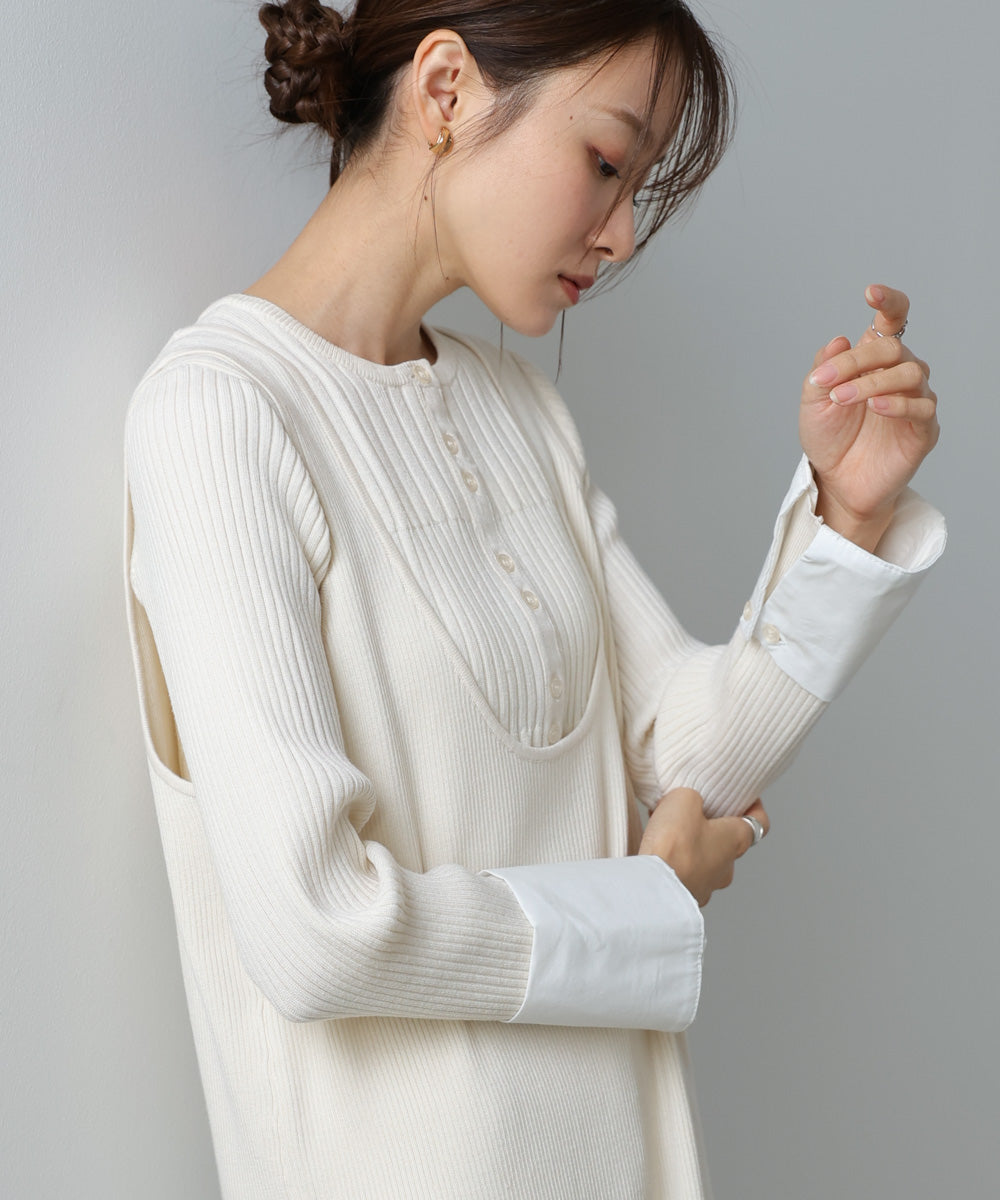 リブシャツ袖ニットカーディガン+リブニットワンピース