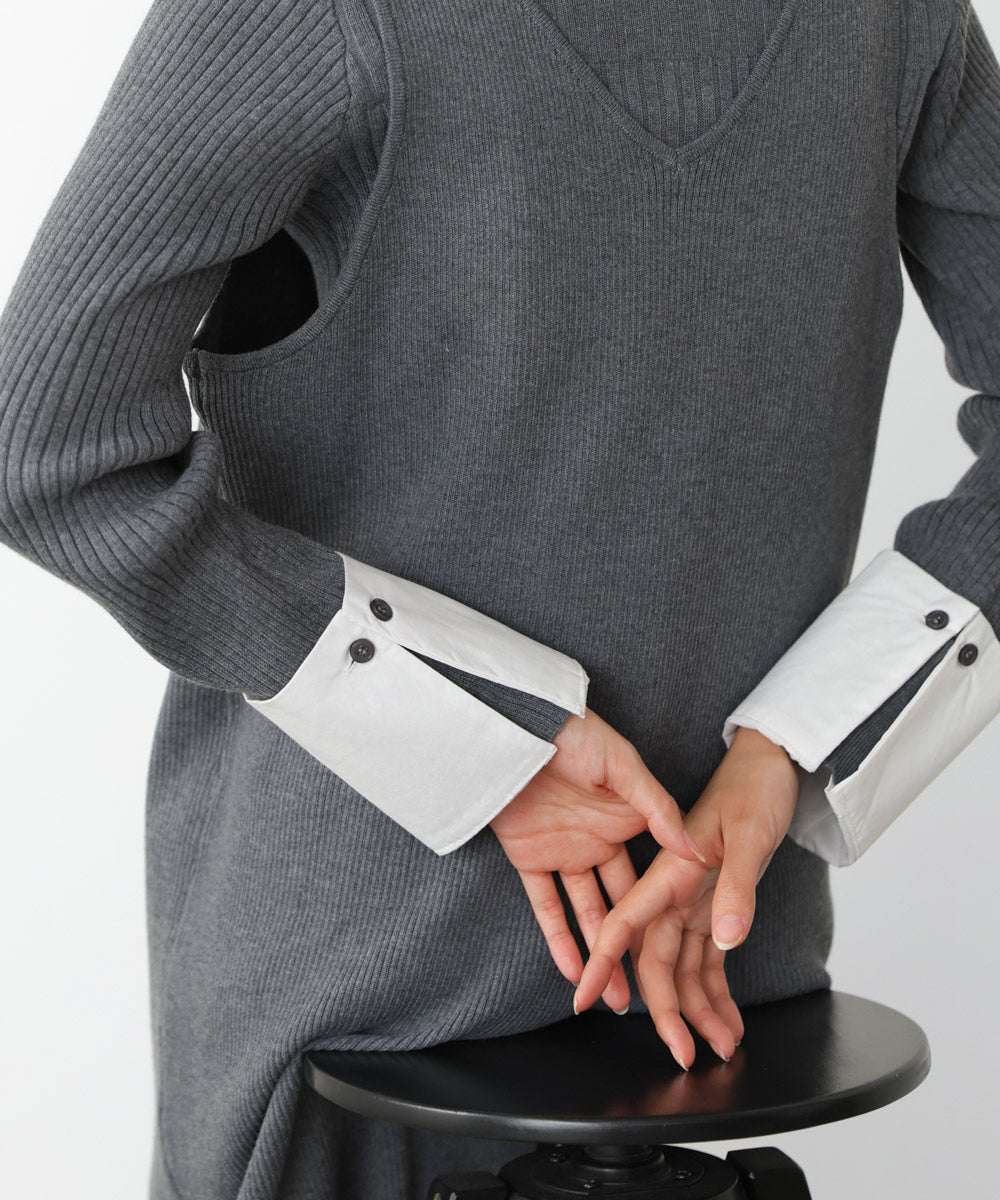 リブシャツ袖ニットカーディガン+リブニットワンピース