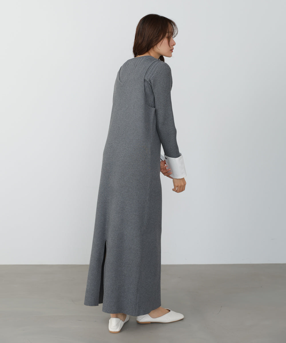 リブシャツ袖ニットカーディガン+リブニットワンピース