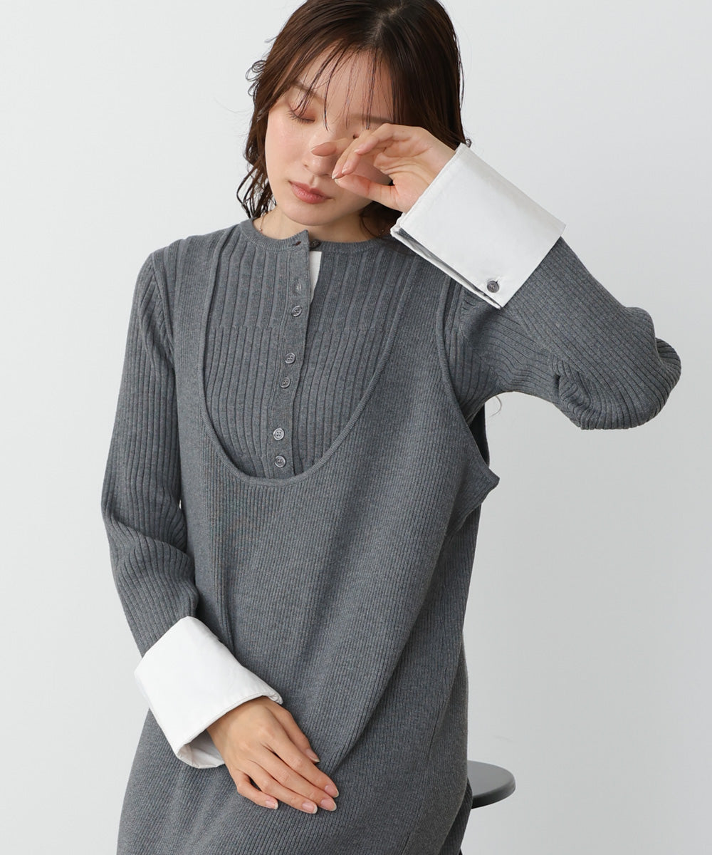 リブシャツ袖ニットカーディガン+リブニットワンピース