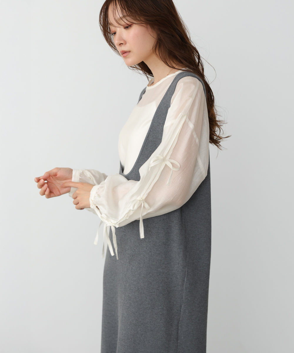 リブシャツ袖ニットカーディガン+リブニットワンピース