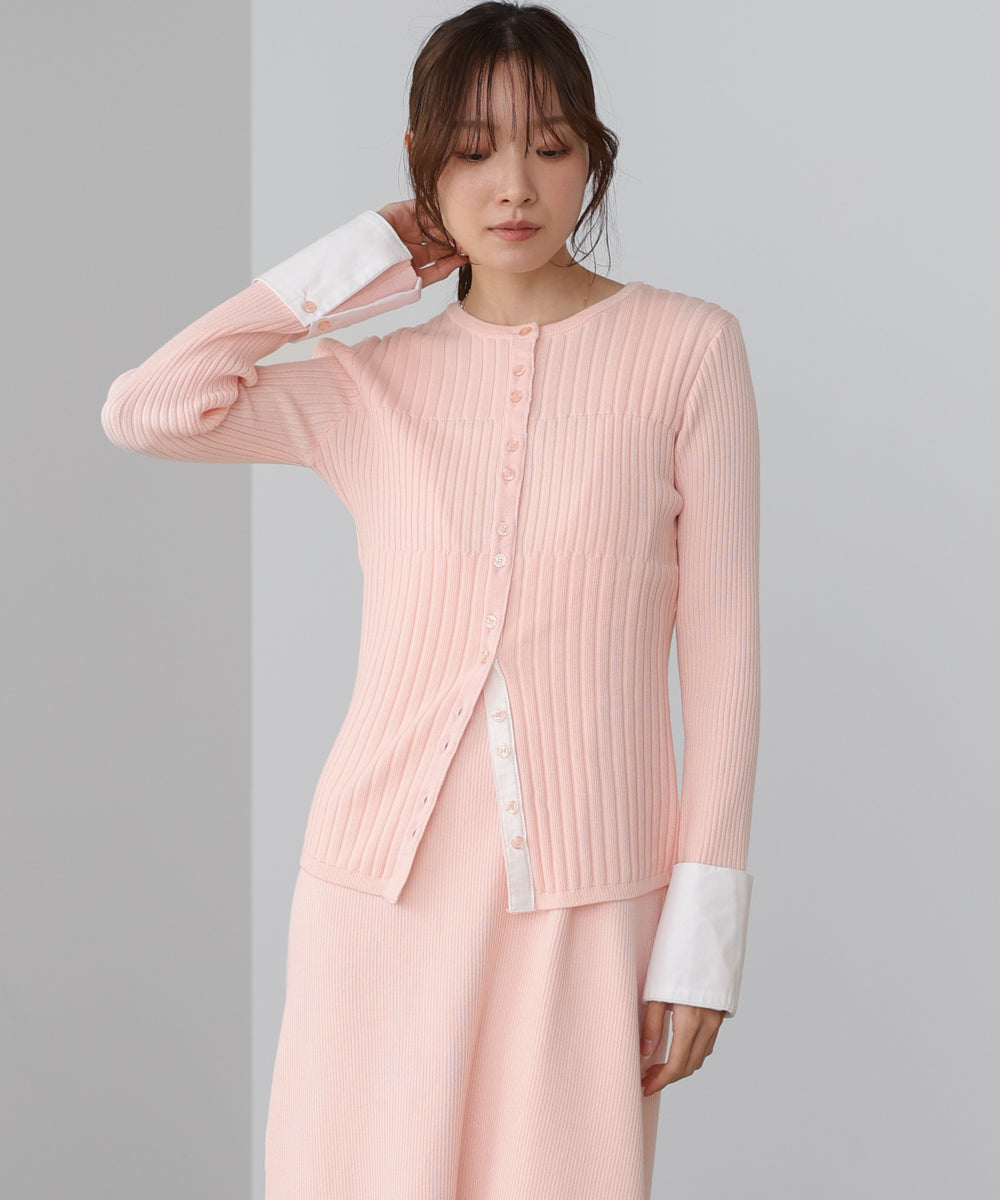 リブシャツ袖ニットカーディガン+リブニットワンピース