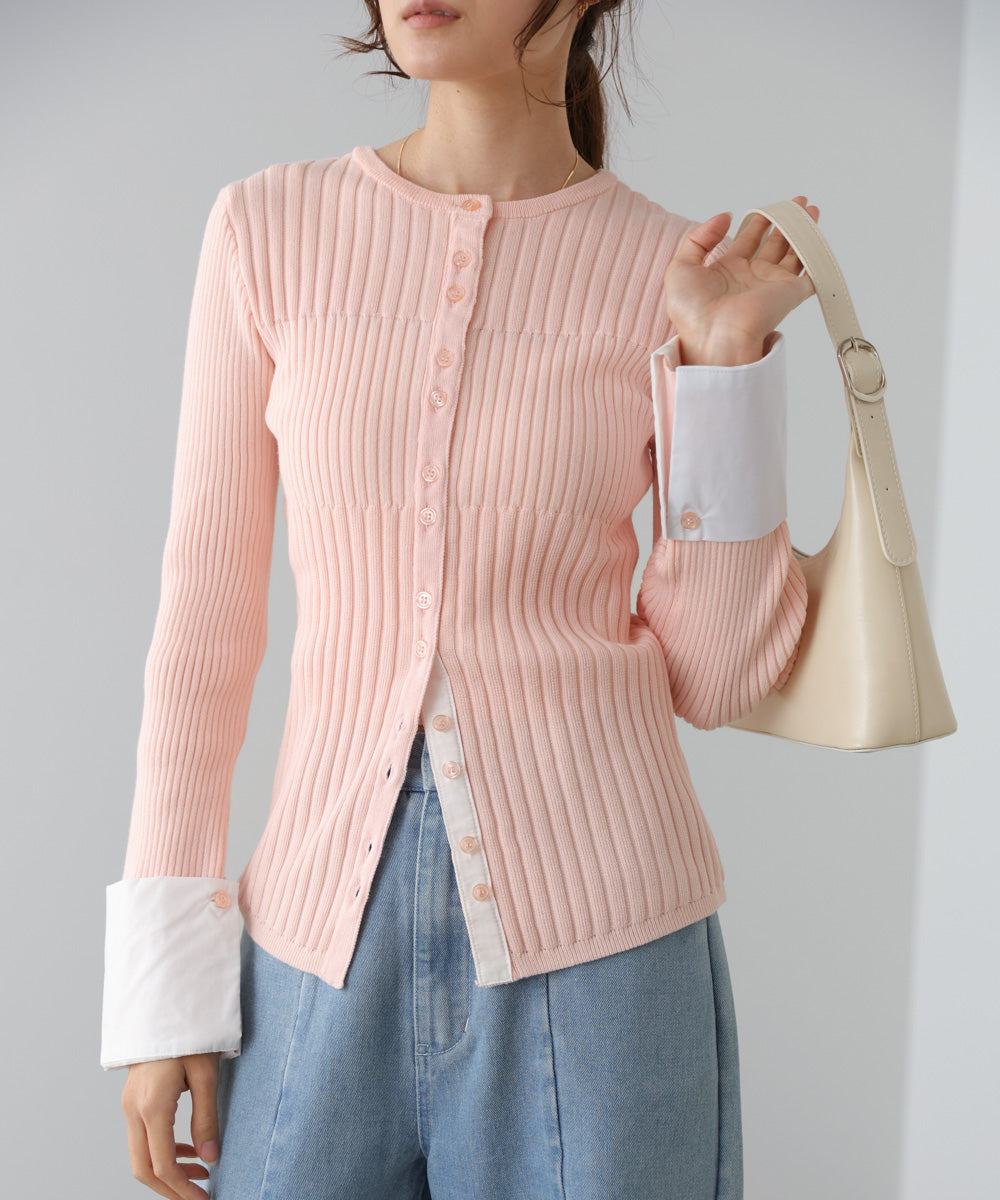 リブシャツ袖ニットカーディガン+リブニットワンピース