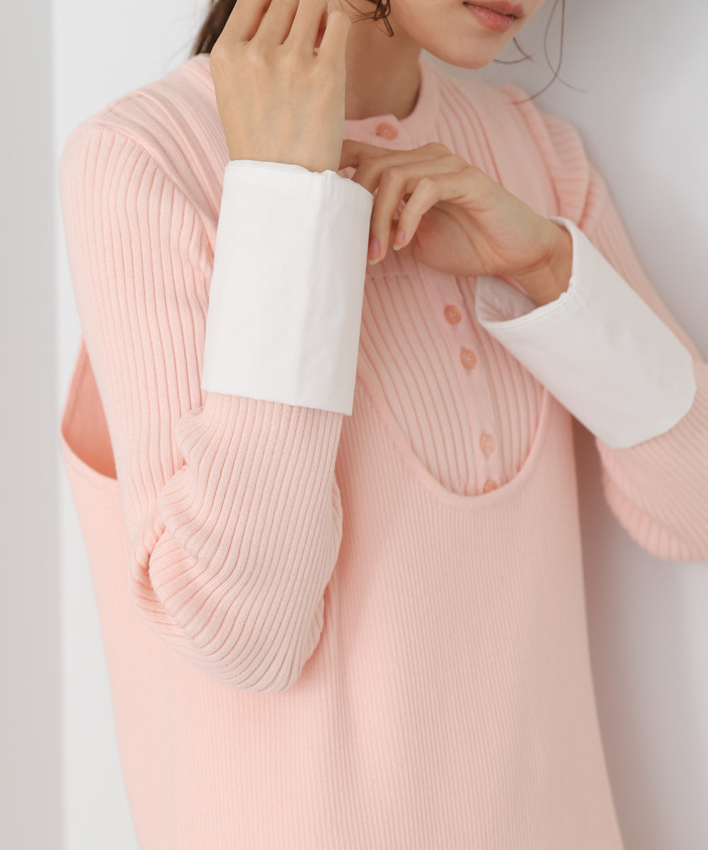 リブシャツ袖ニットカーディガン+リブニットワンピース