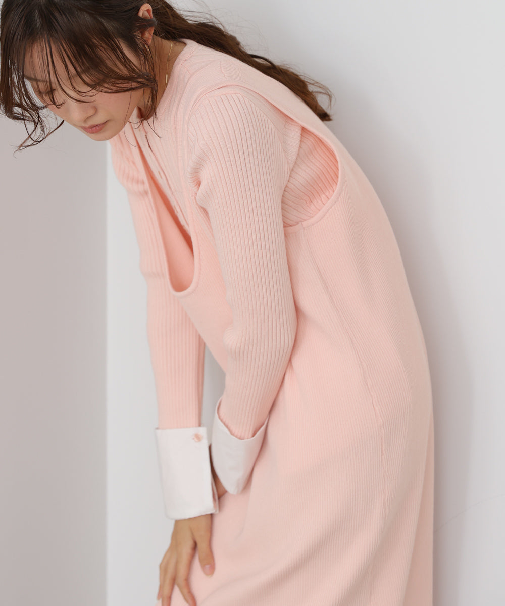 リブシャツ袖ニットカーディガン+リブニットワンピース