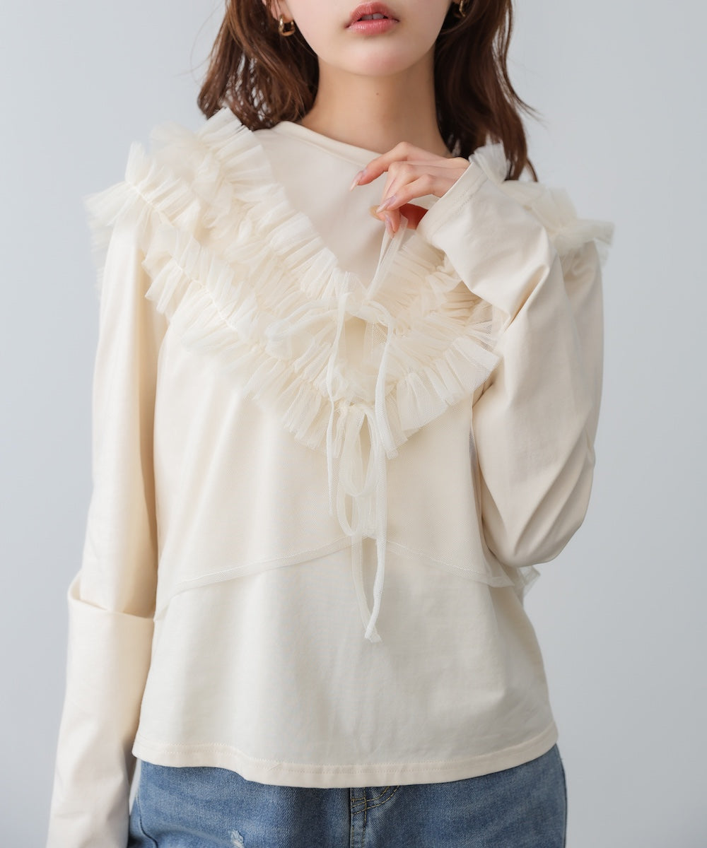 前後2WAYフリルチュールベスト+ベーシックカットソー