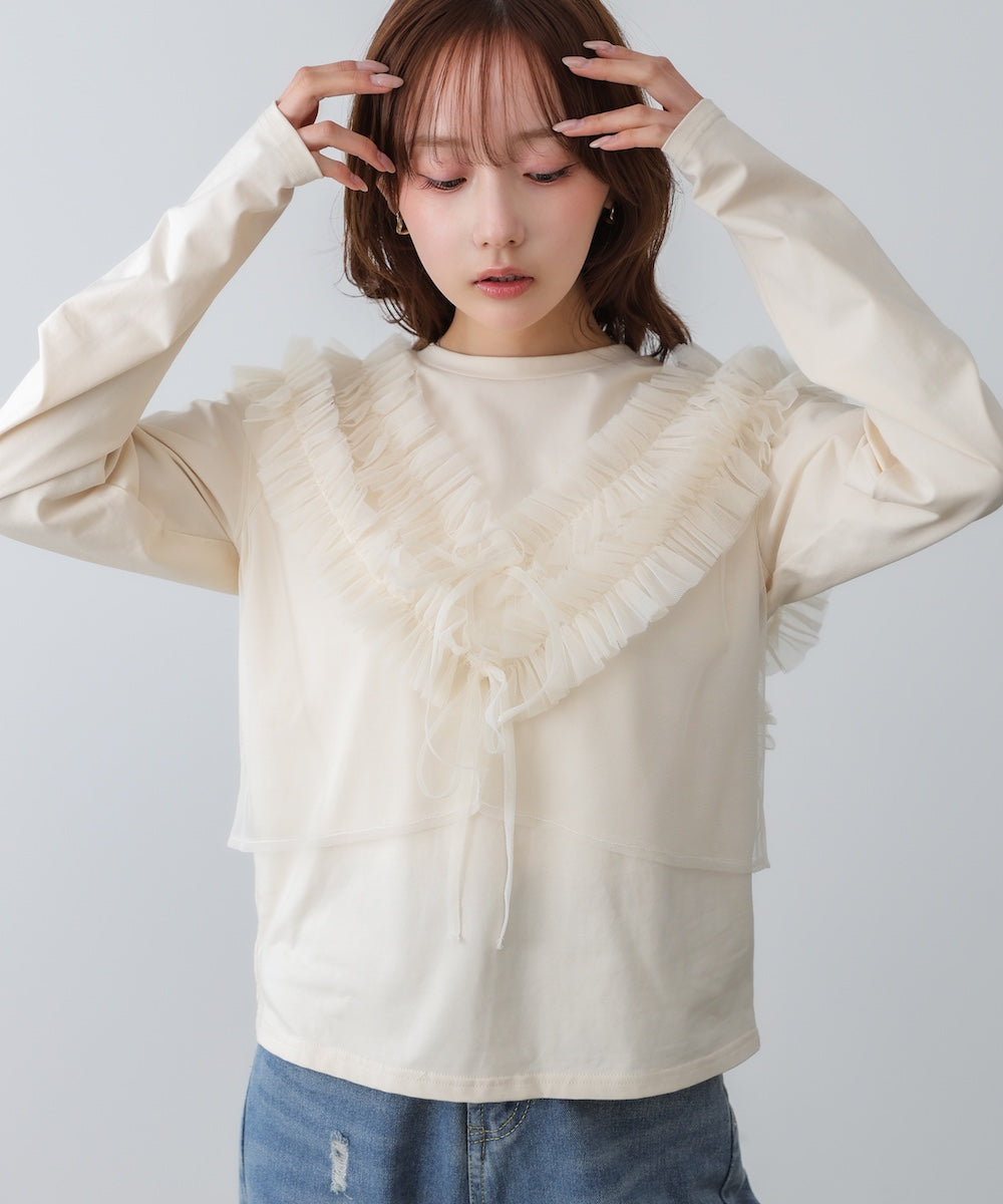 前後2WAYフリルチュールベスト+ベーシックカットソー