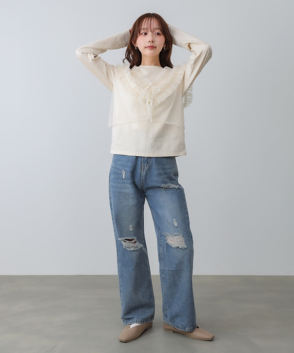 前後2WAYフリルチュールベスト+ベーシックカットソー