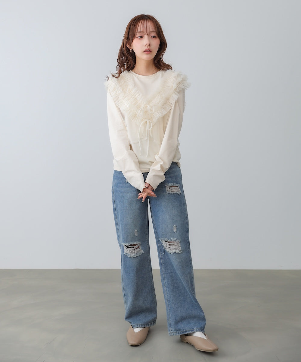 前後2WAYフリルチュールベスト+ベーシックカットソー