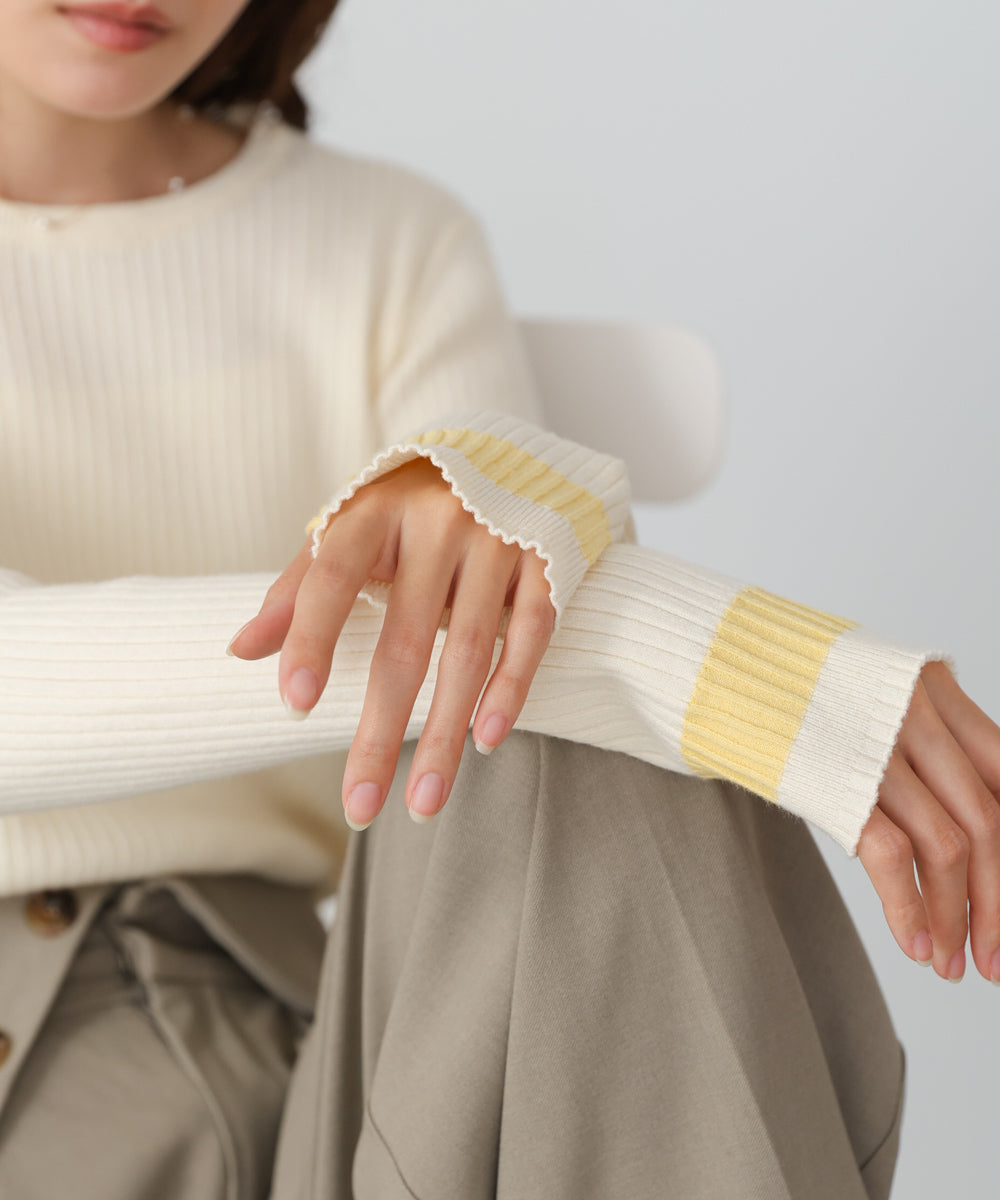 【2026SS】袖配色クルーネックリブニットトップス