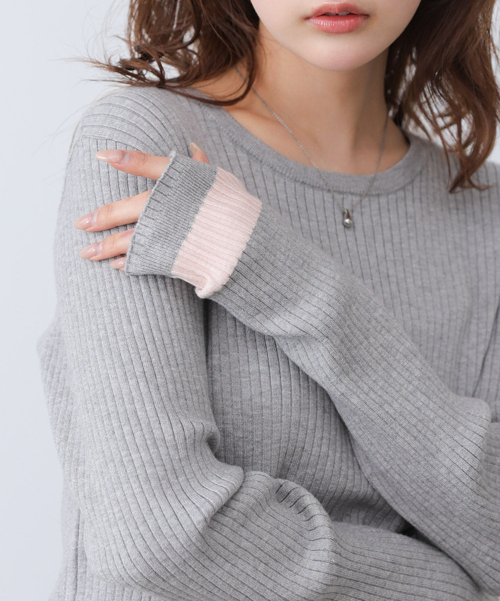 【2026SS】袖配色クルーネックリブニットトップス
