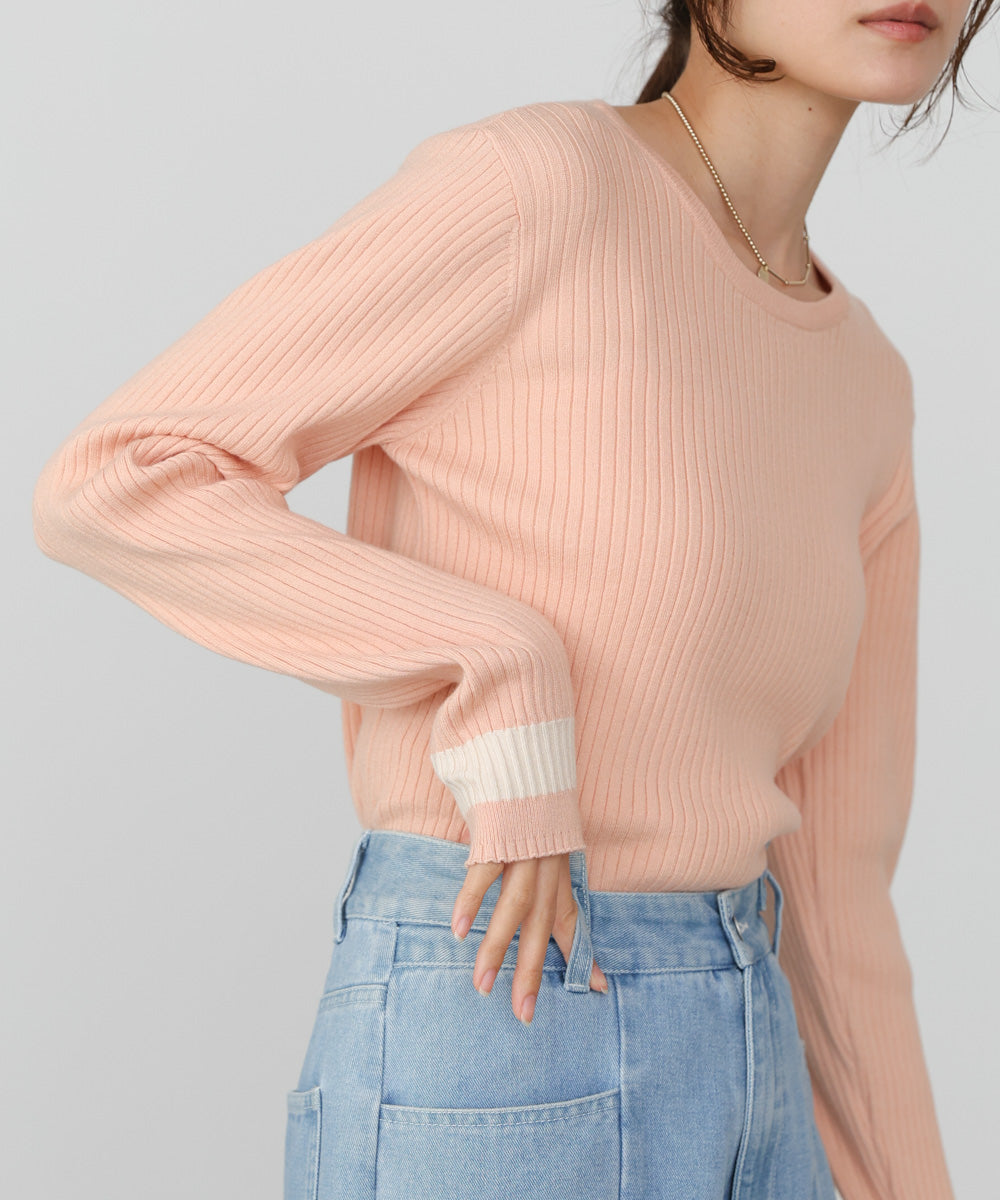 【2026SS】袖配色クルーネックリブニットトップス