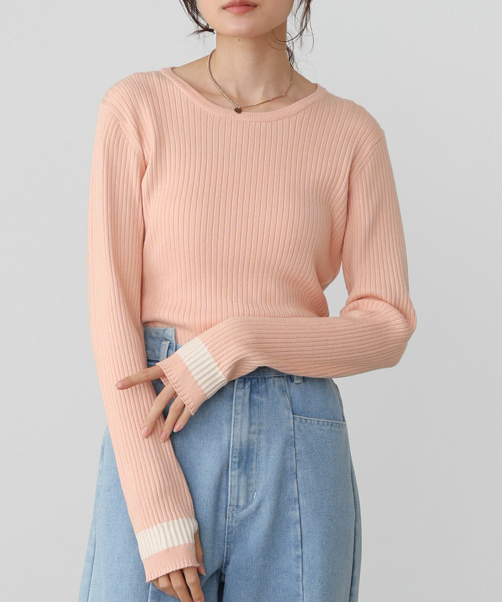 【2026SS】袖配色クルーネックリブニットトップス