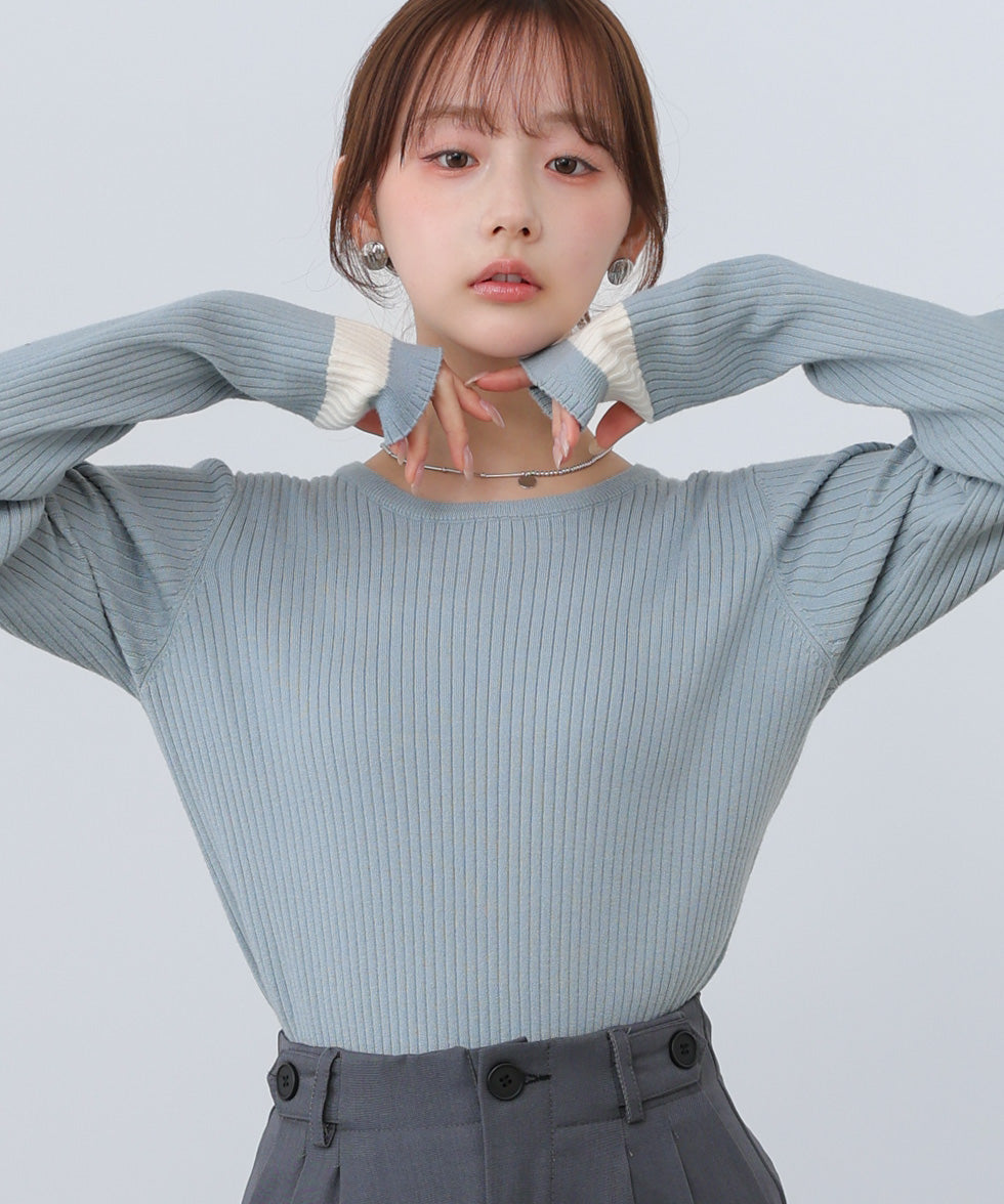 【2026SS】袖配色クルーネックリブニットトップス