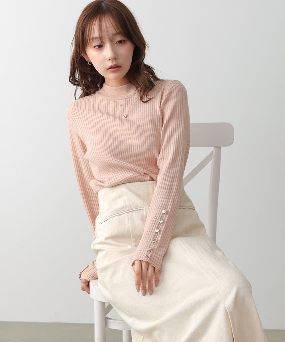【2026SS】袖ボタンハイネックリブニットトップス