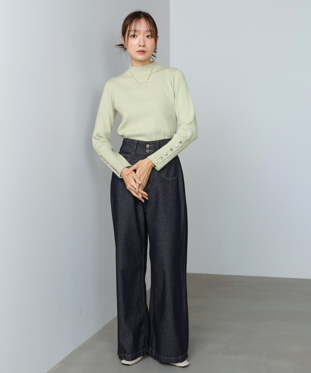 【2026SS】袖ボタンハイネックリブニットトップス