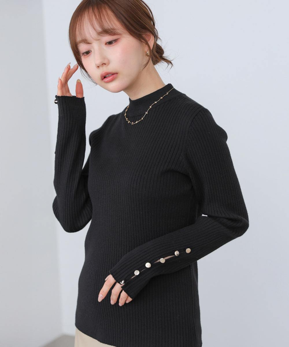 【2026SS】袖ボタンハイネックリブニットトップス