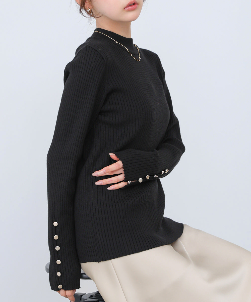 【2026SS】袖ボタンハイネックリブニットトップス