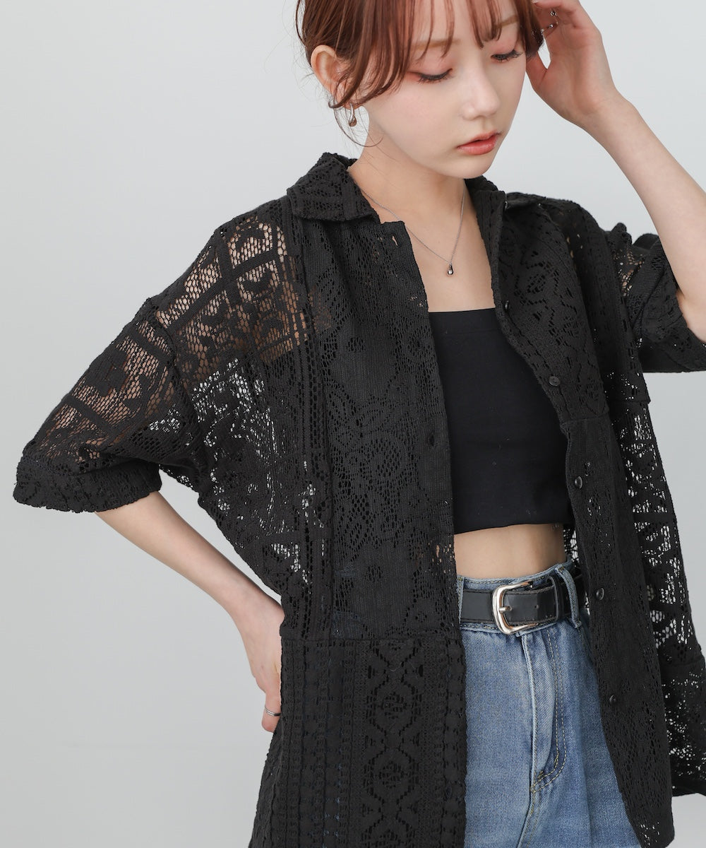 【セットアップ対応】パッチワークレースシャツ