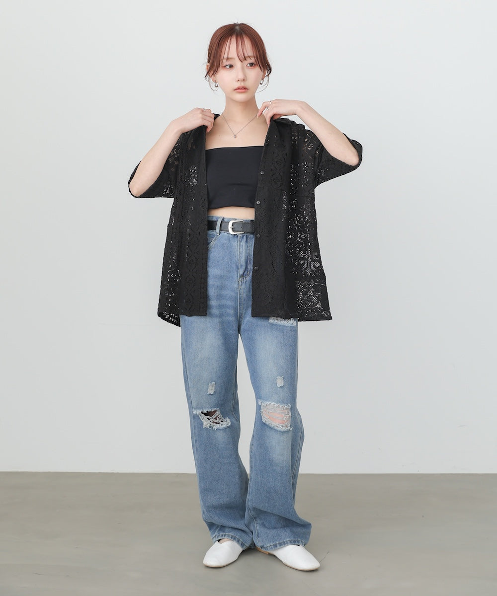 【セットアップ対応】パッチワークレースシャツ