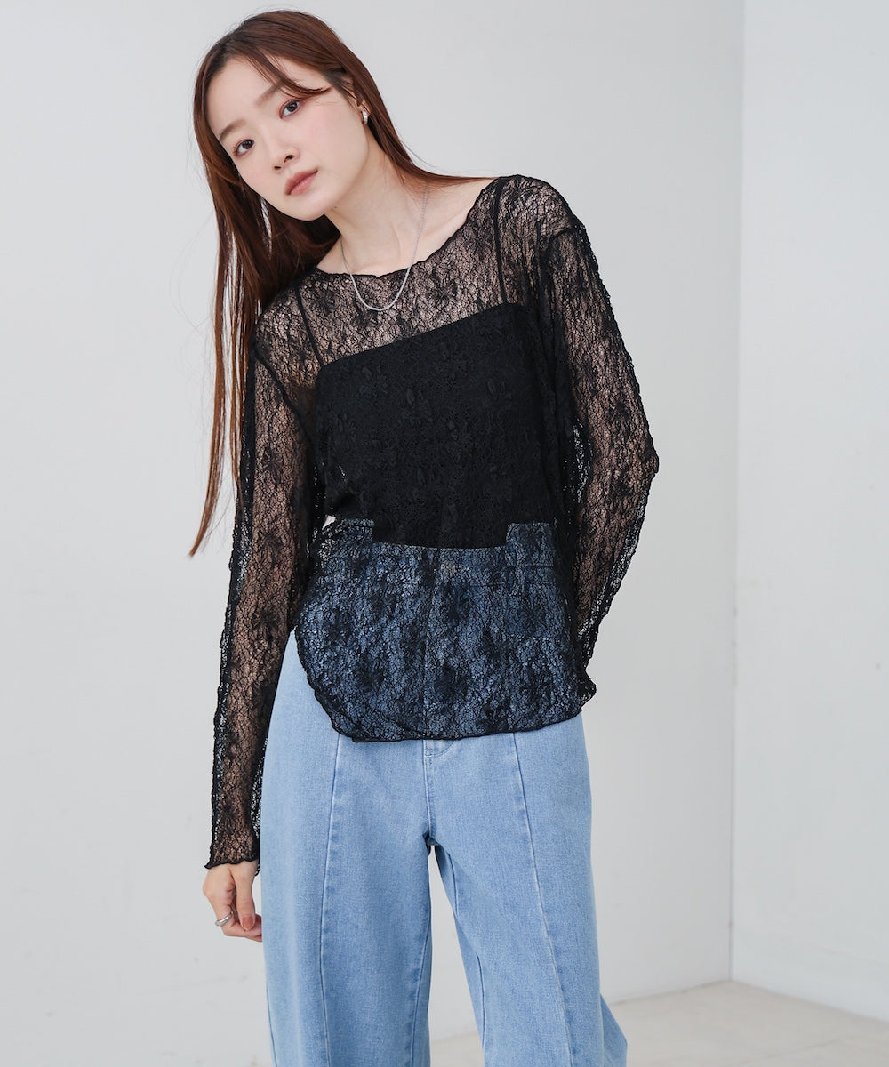 アシメヘムデザインスリットレーストップス