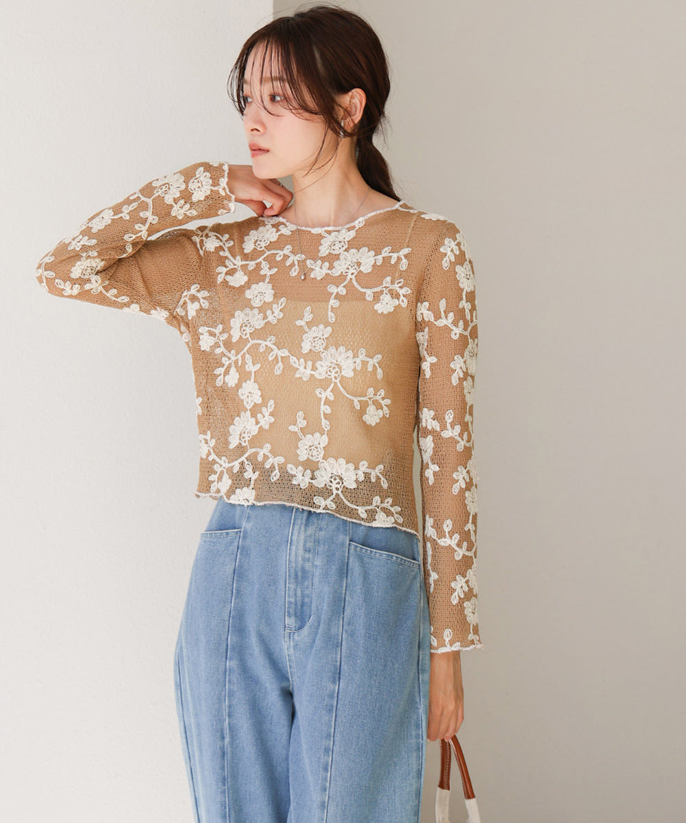 刺繍透かし編みトップス